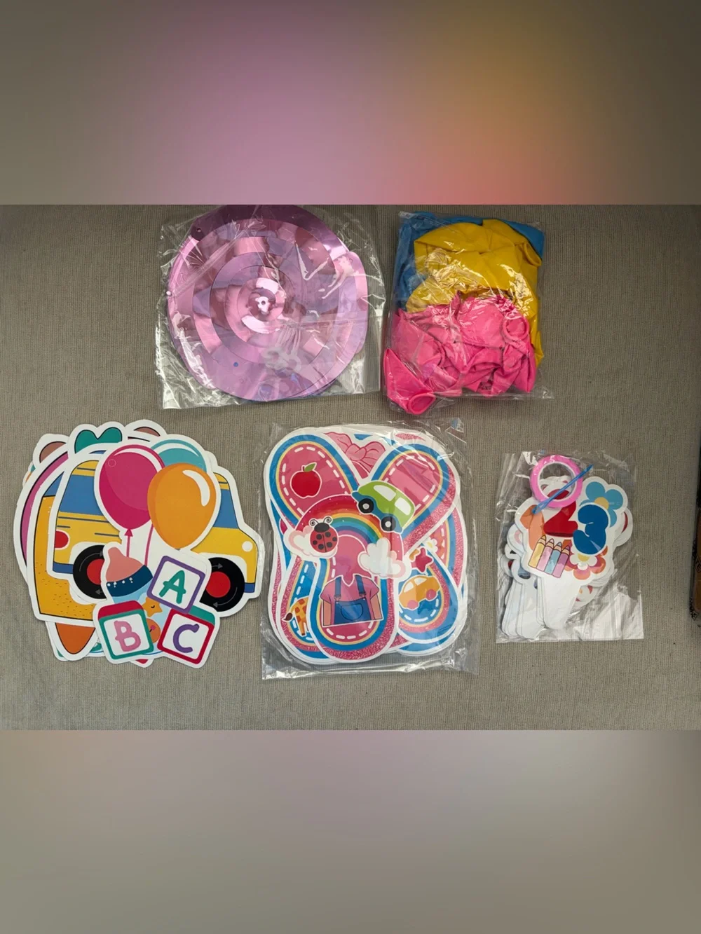 Pink and Yellow Kids Party Decorations - Birthday Cutouts & Balloons